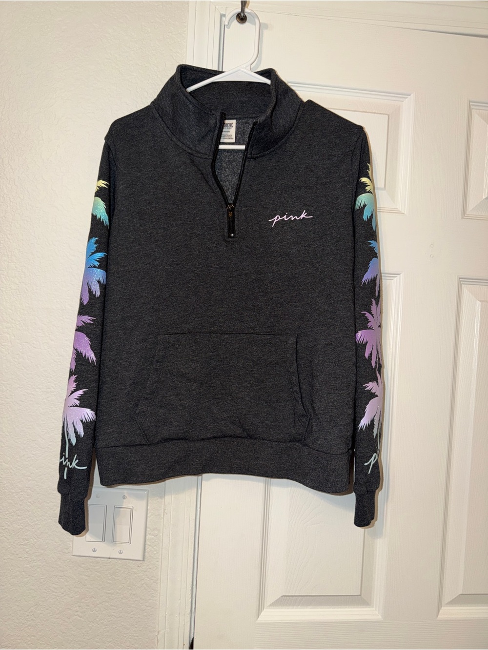 PINK Victoria's Secret Charcoal Half-Zip Pullover with Pastel Palm Print